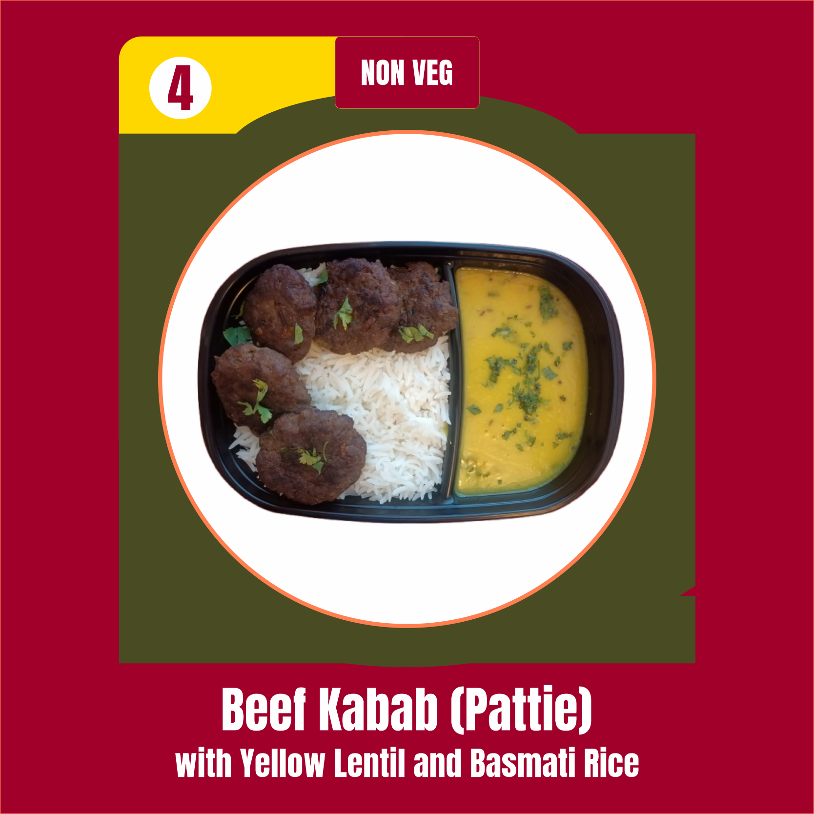 Beef Kabab (Pattie) with Yellow Lentil and Basmati Rice